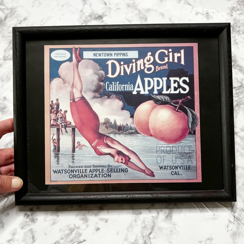 Vintage Diving Girl Apple Label Framed Print Art